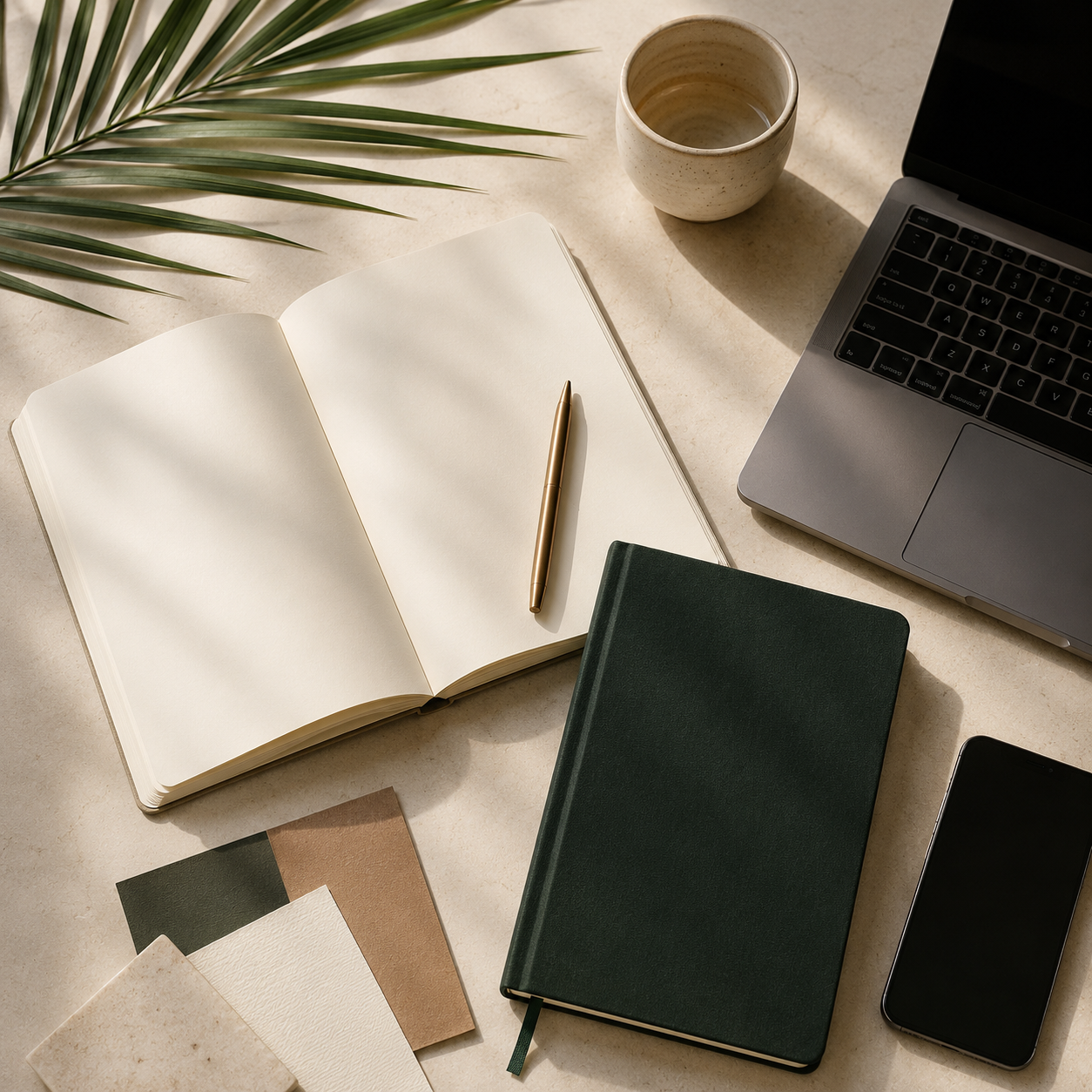 A workspace with an open blank notebook and a gold pen, a closed dark green notebook, a laptop, a smartphone, a white ceramic cup, some paper samples, and a large green palm leaf on a beige surface.