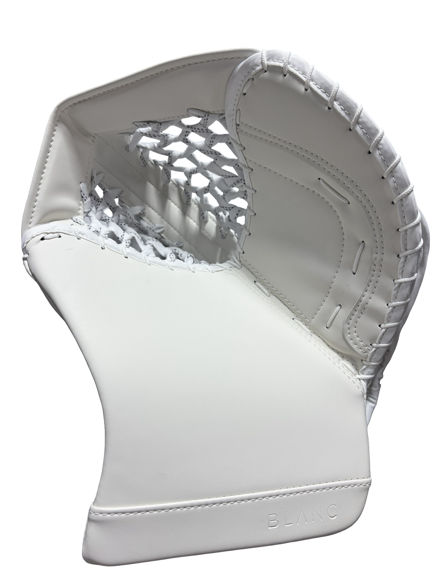 Close-up of a white hockey goalie pad with embossed brand name 'BLANC' and stitched details.