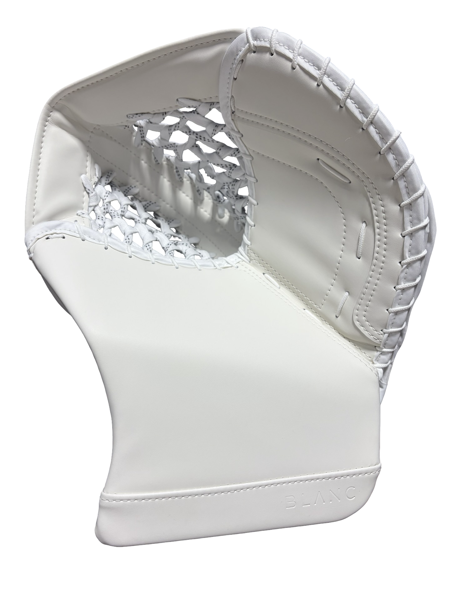 A white hockey goalie glove with a woven netting palm and leather construction.