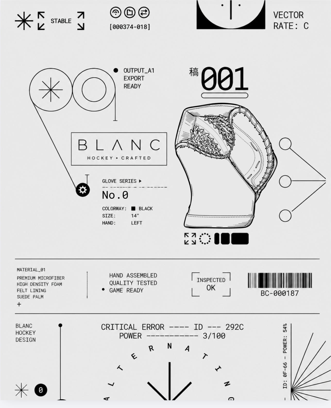 A detailed technical diagram of a hockey glove with labels indicating specifications such as size, color, hand, and material. The diagram includes various symbols, icons, and text related to manufacturing and quality testing.
