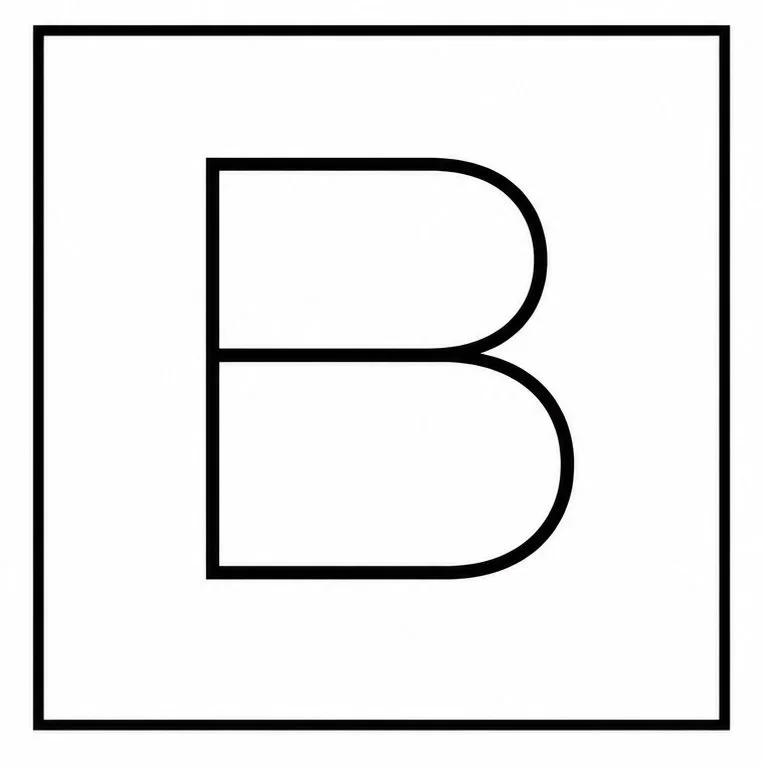 A black outline of the letter B inside a square border.