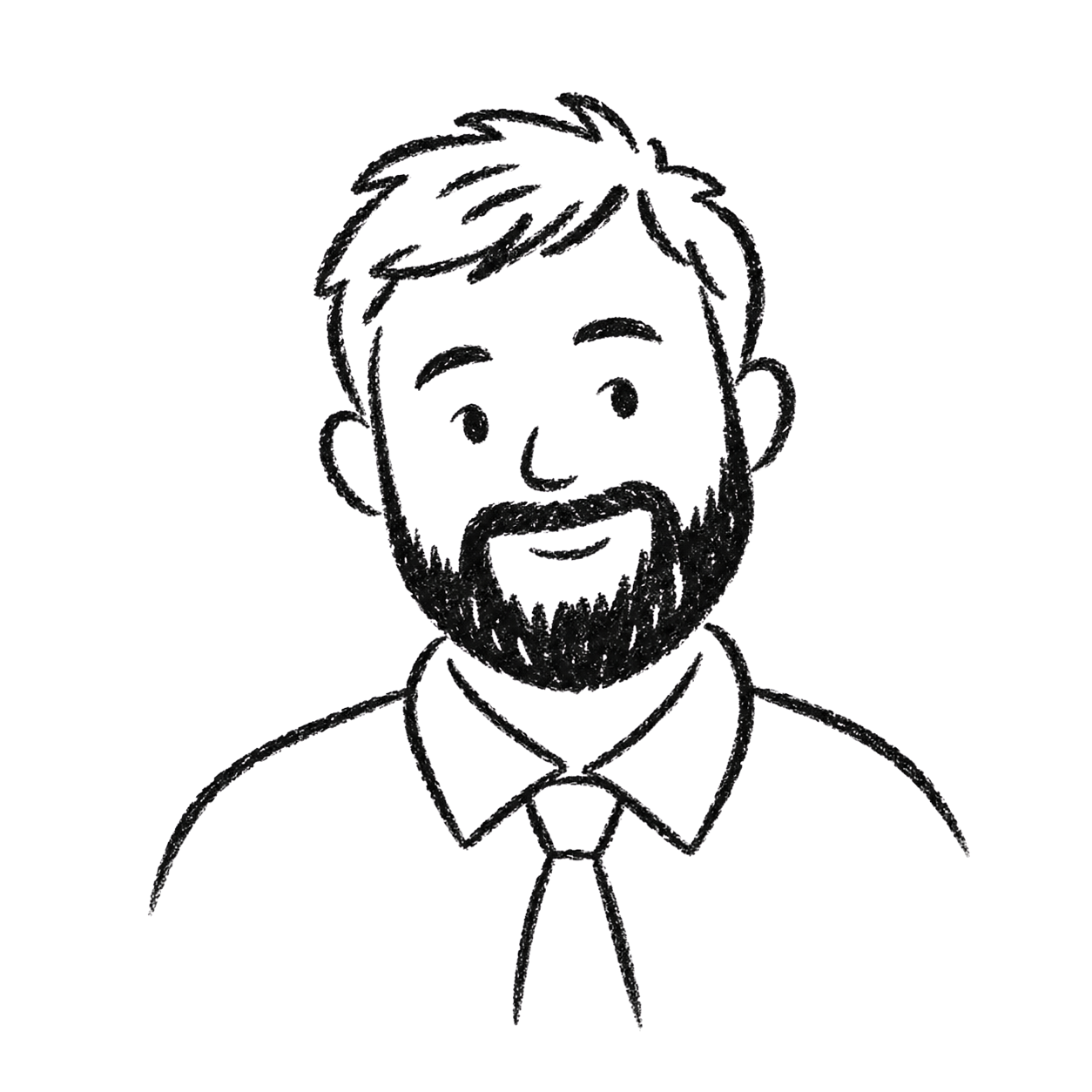 Sketch of a smiling man with beard and short hair in a collared shirt with a tie, drawn with white lines on a black background.