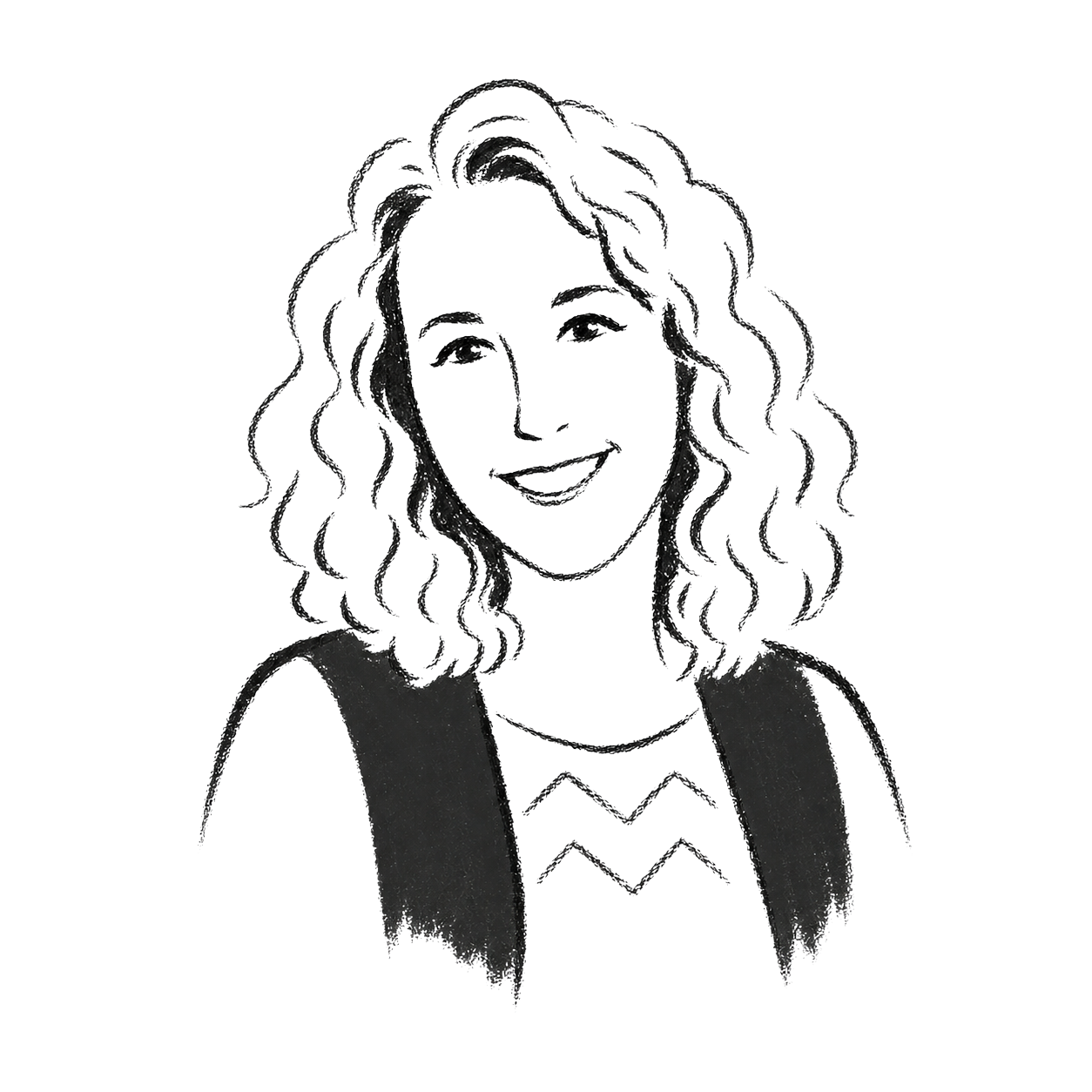 Line drawing of a woman with curly hair smiling, wearing a sleeveless top with a zigzag pattern and a necklace.