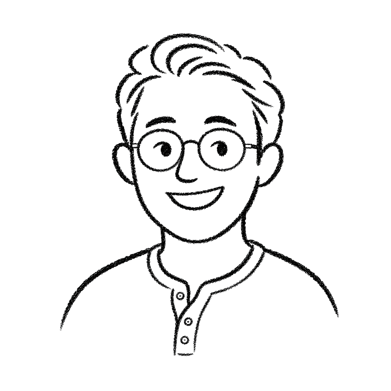Line drawing of a person with short hair, glasses, and a big smile, wearing a collared shirt.