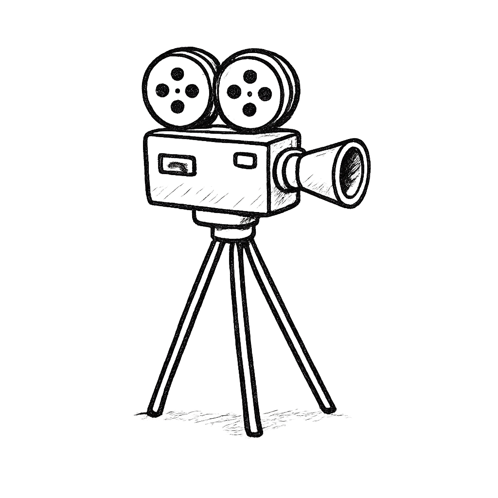 Outline sketch of a vintage film movie camera on tripod.