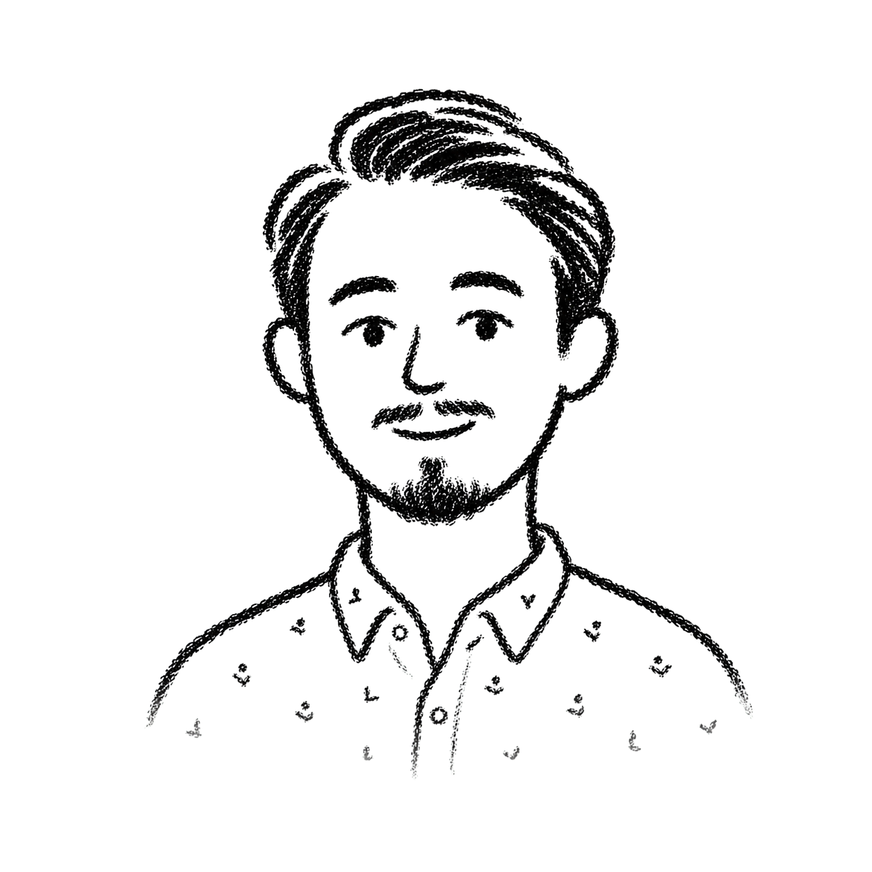 Line drawing of a man with a beard, short hair, wearing a patterned shirt against a black background.