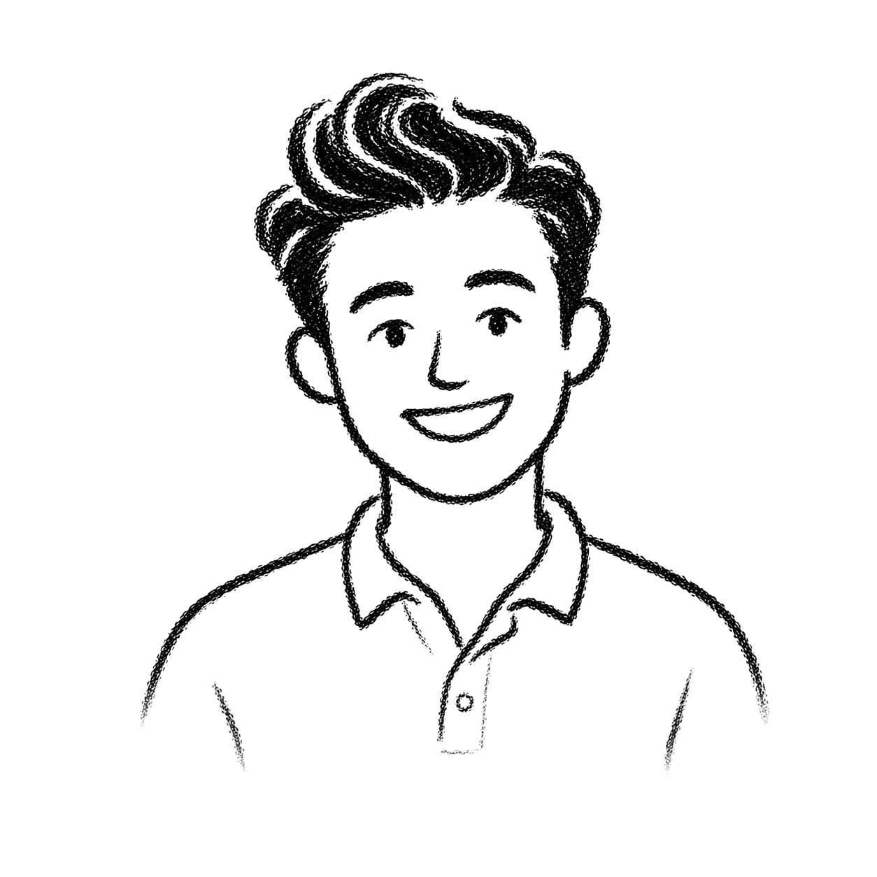 Outline of a smiling person with short hair wearing a collared shirt, drawn with white dotted lines on a black background.