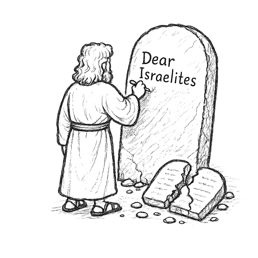A person with long hair, wearing a long robe, is writing on a large stone tablet with the words "Dear Israelites." There are two smaller broken tablets on the ground in front of the person.