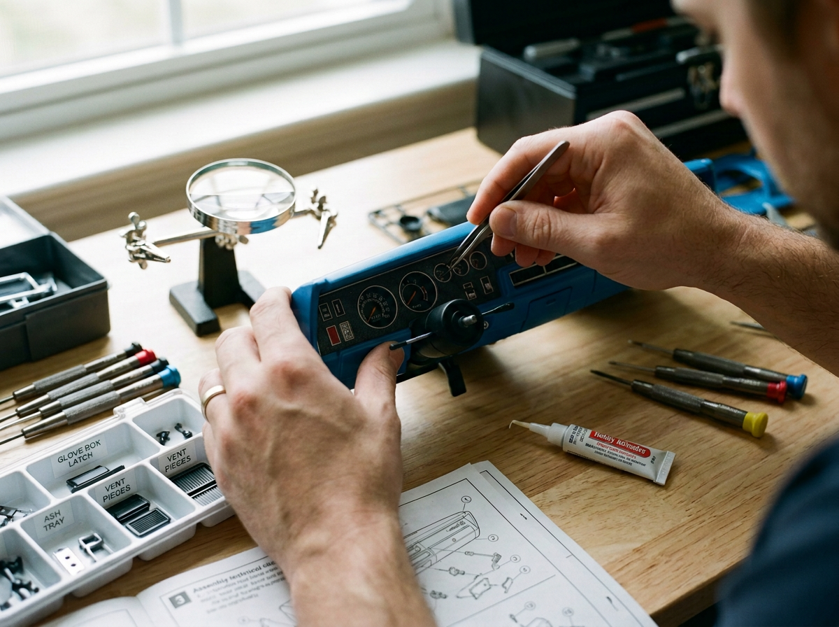 Person working on a device repair using a screwdriver, surrounded by tools, a diagram, and a magnifying glass on the workbench.