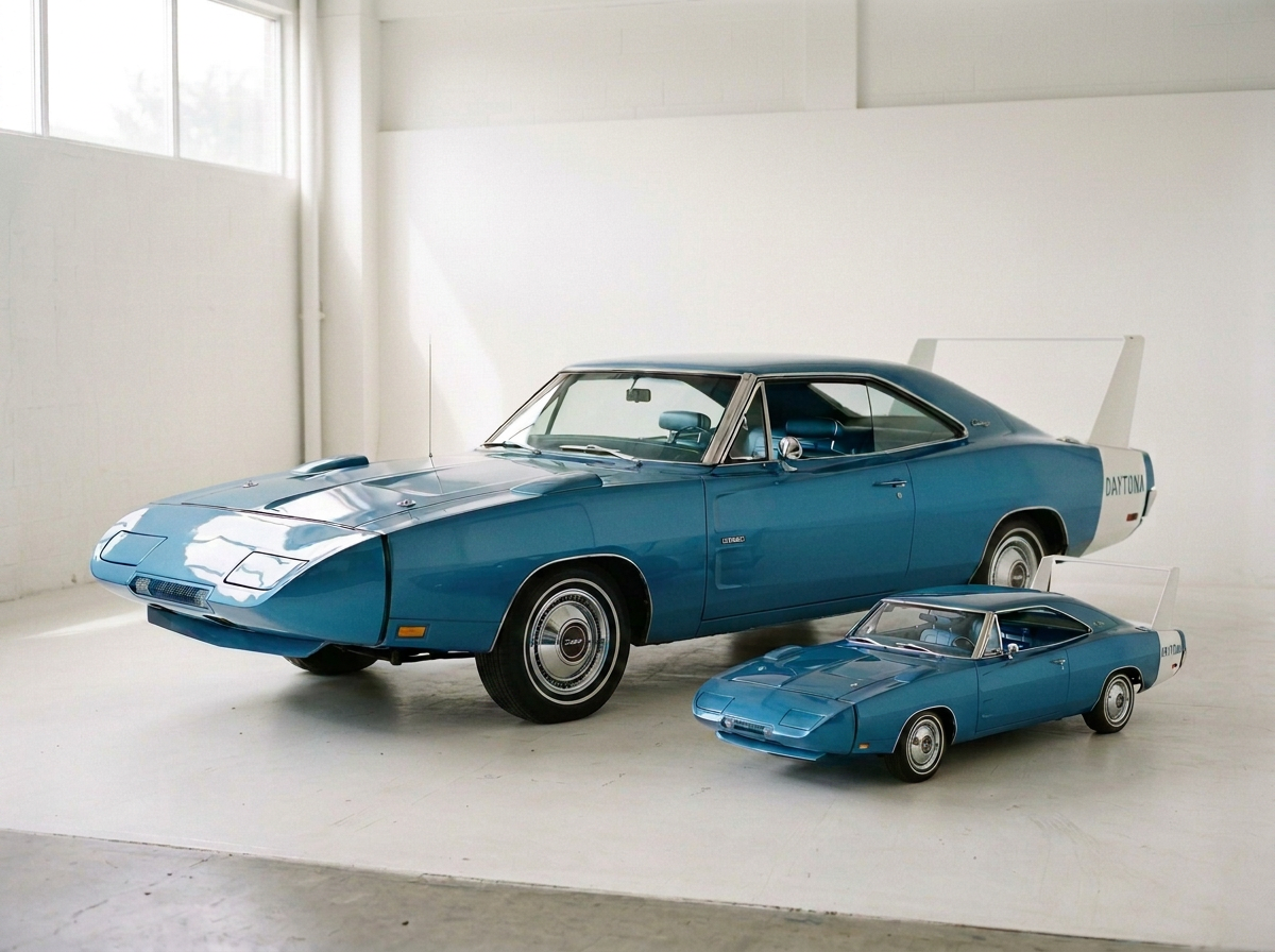 Two vintage blue Plymouth Superbirds, one large and one small, placed on a white floor in a bright, minimalist room.