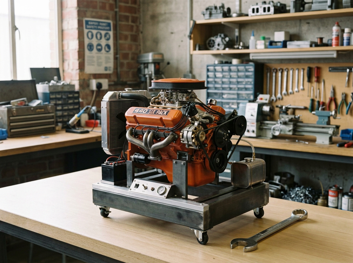 A detailed model of an orange V8 engine on a workbench in a workshop with tools and equipment in the background.