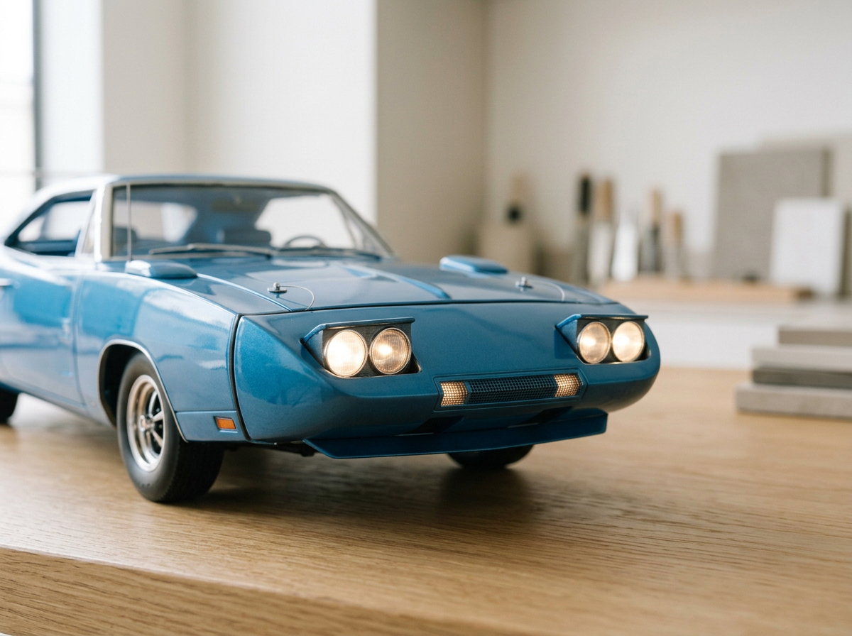 Blue model car on a wooden surface, with a blurred background of a room with shelves and books.