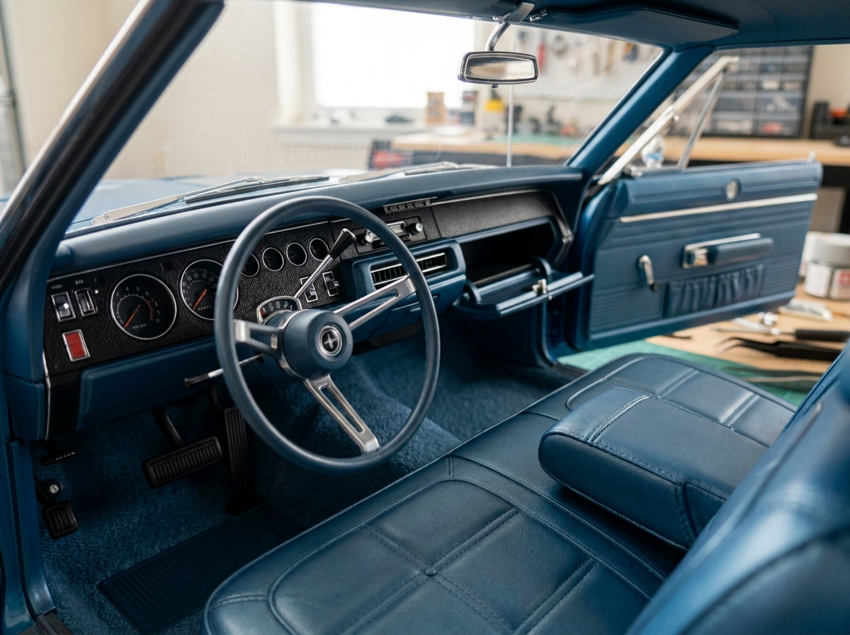 Interior of a vintage blue car showing the dashboard, steering wheel, front seat, and part of the door in a workshop setting.
