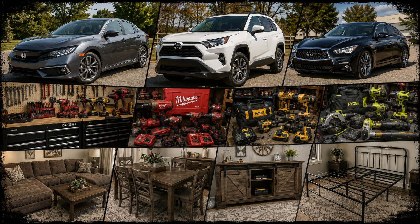 Tools, vehicles, furniture