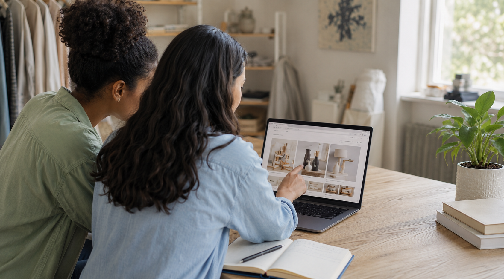 Two women sit at a wooden table looking at a laptop displaying images of home decor items. There is an open notebook, a pen, and a closed book on the table, with a potted plant nearby. The background shows shelves with various items and a window with natural light.