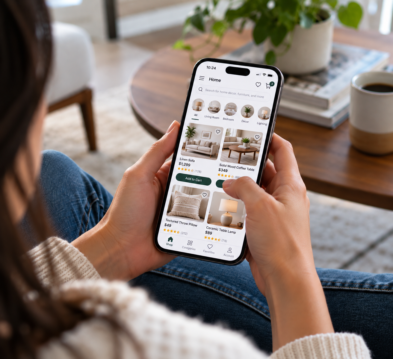 Person browsing an online furniture store on their smartphone, with a wooden table, potted plant, coffee cup, and a magazine on the table in the background.