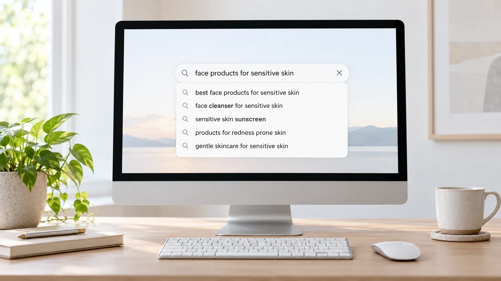 Desktop computer displaying a Google search for “face products for sensitive skin,” with autocomplete suggestions showing related skincare keywords and searches.