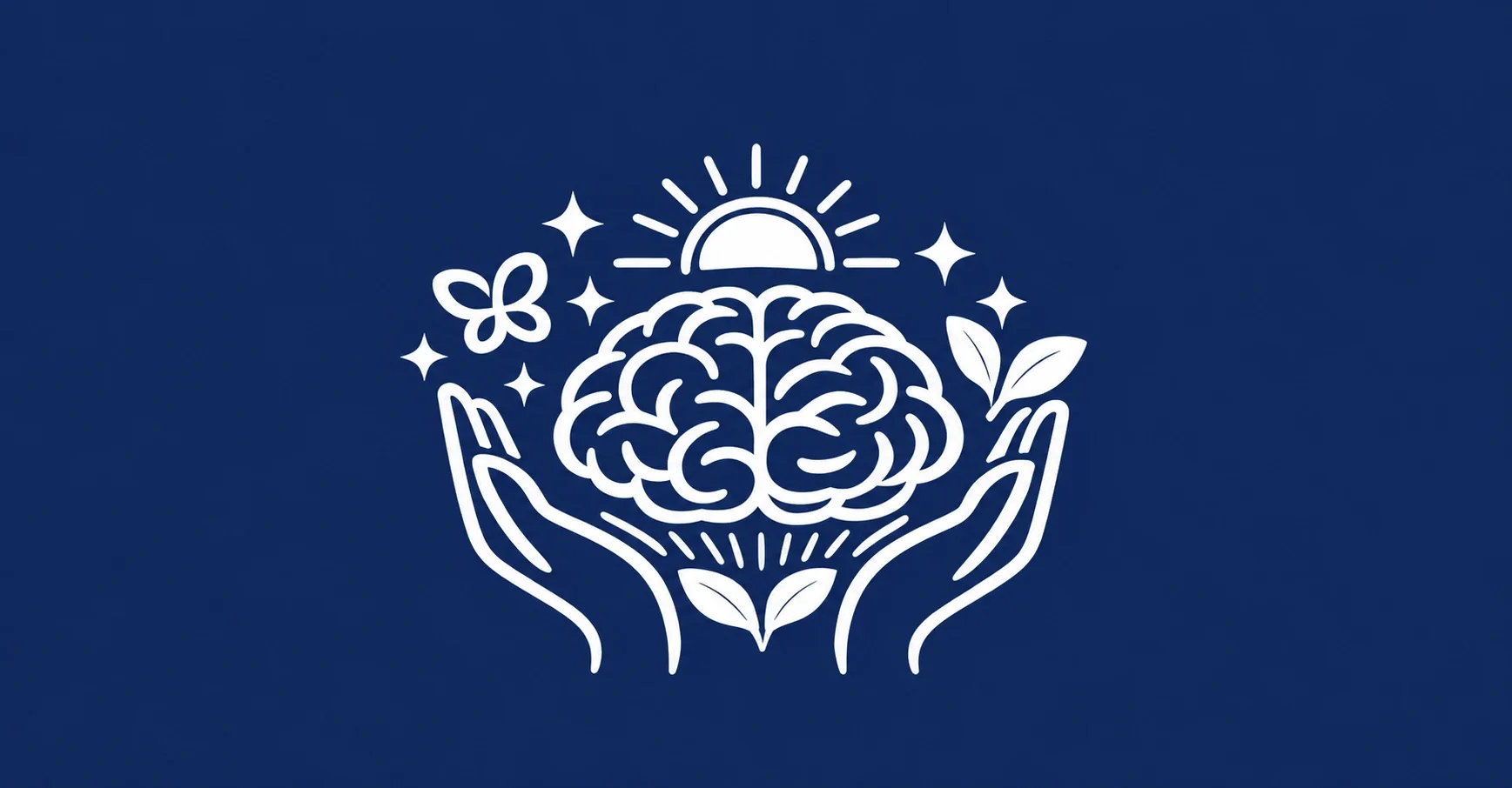 A graphic icon of a brain held by two hands, with a sun, stars, butterfly, and leaves surrounding it, set against a dark blue background.