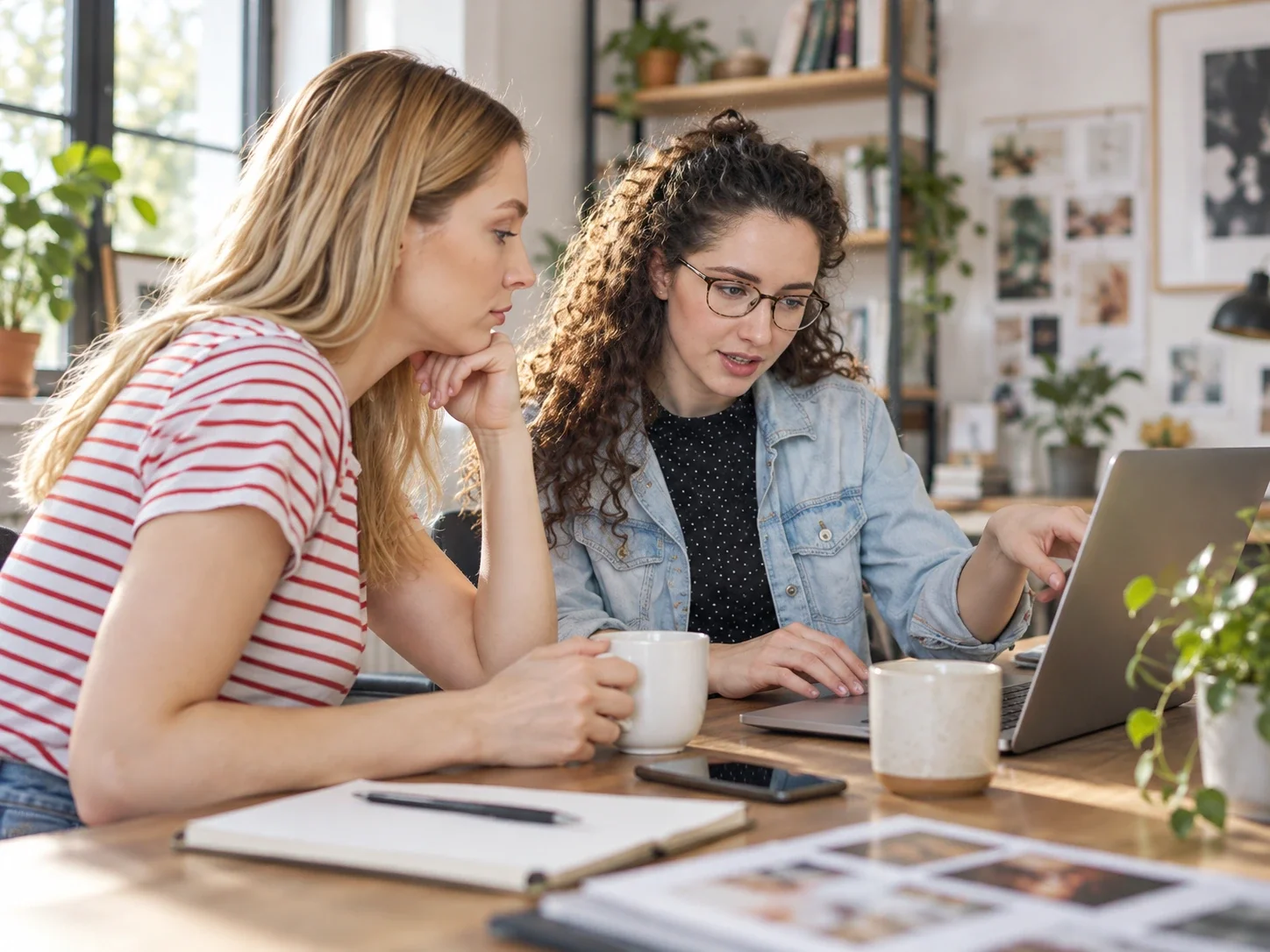 Two women working together at a table in a well-lit, modern office or co-working space, looking at a laptop screen, surrounded by notebooks, a smartphone, coffee mugs, and plants.