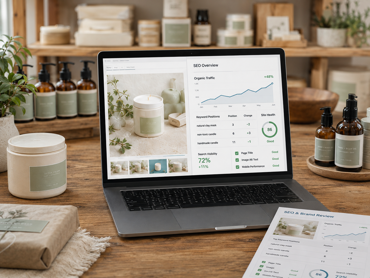 Laptop displaying an ecommerce SEO dashboard with organic traffic trends, keyword rankings, and site health beside skincare products.