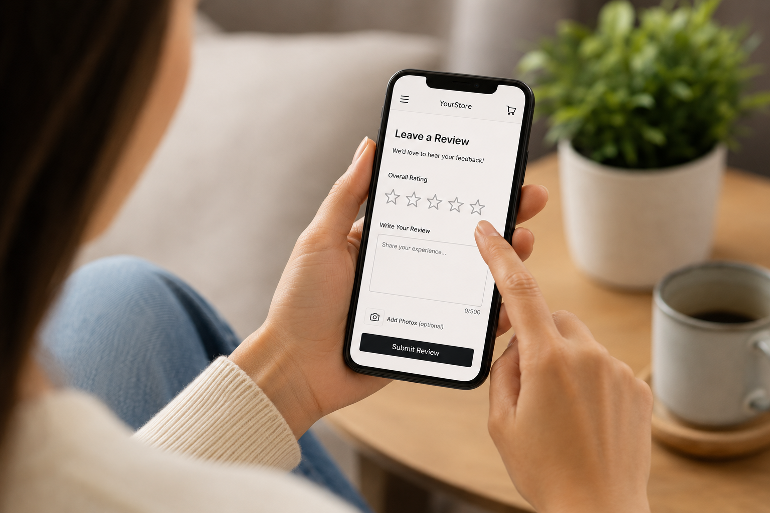 Person filling out a review form on a smartphone screen with a star rating and text box for comments.