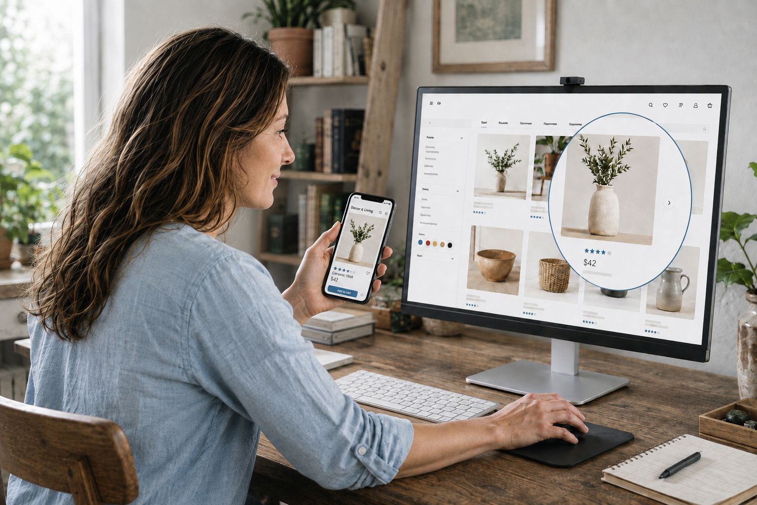 Woman shopping online for a decorative vase with greenery, viewing on desk computer and smartphone in a home office.