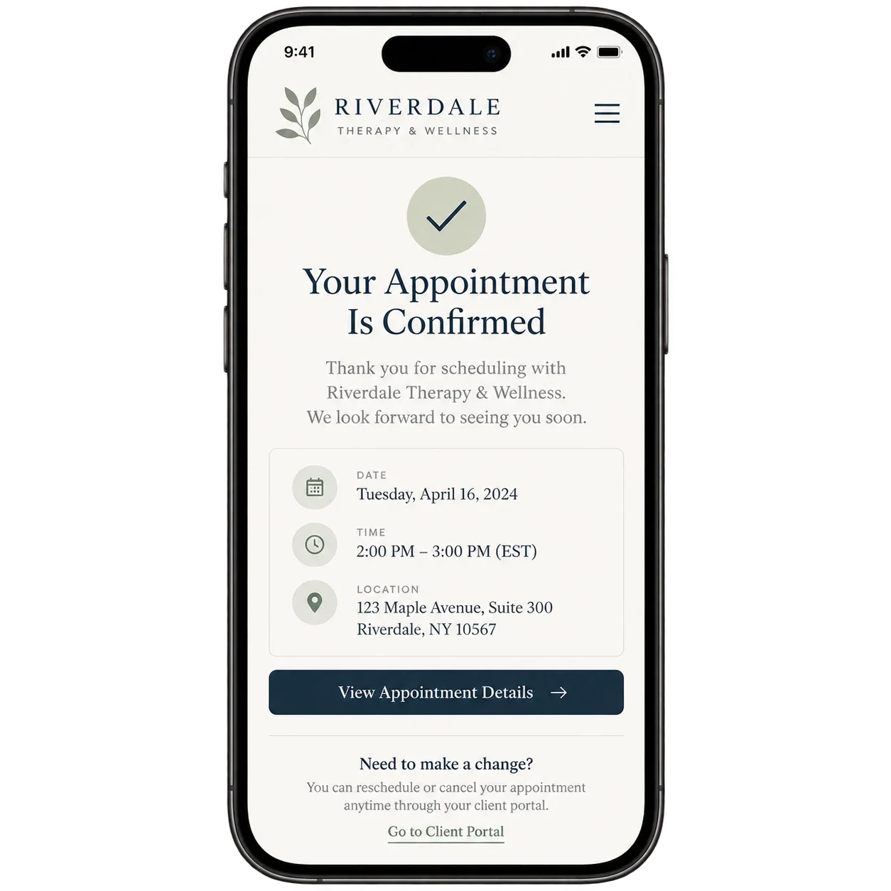 Smartphone screen displaying a confirmation page for a scheduled appointment at Riverdale Therapy & Wellness, with date, time, and location details, and options to view or modify the appointment.