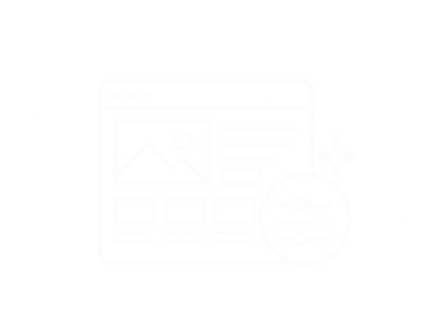 Icon of a webpage with an image and text, alongside a circular adjustment knob with sliders, representing website editing or content management.