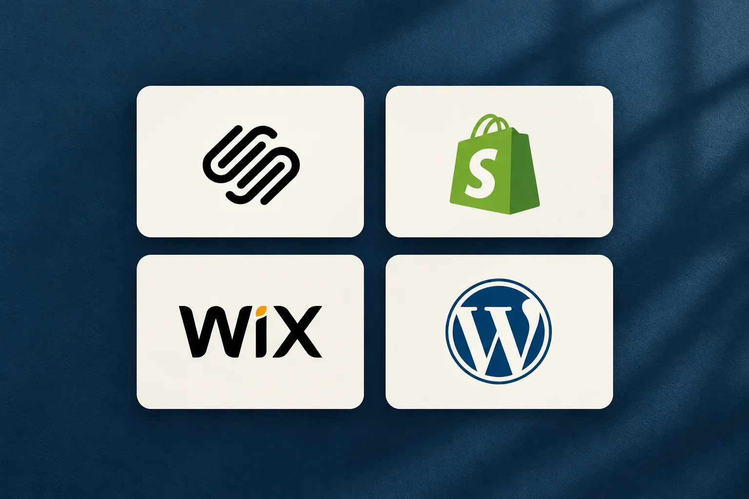 Logos of Squarespace, Shopify, Wix, and WordPress arranged in a 2×2 grid on a navy blue background, representing popular website builders for small businesses.