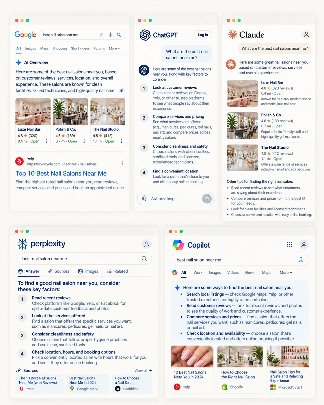 Screenshots of five different search engine result pages for 'best nail salon near me', including Google, ChatGPT, Claude, Perplexity, and Copilot, displaying local nail salon options and tips.