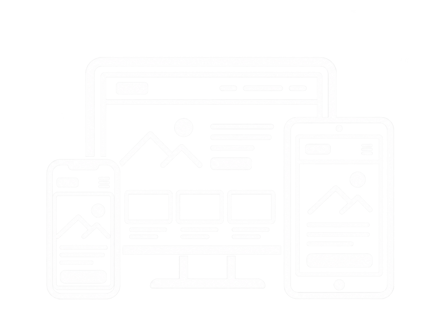 Outline of a computer monitor with two smartphones in front, displaying wireframe design layouts for a website or app.