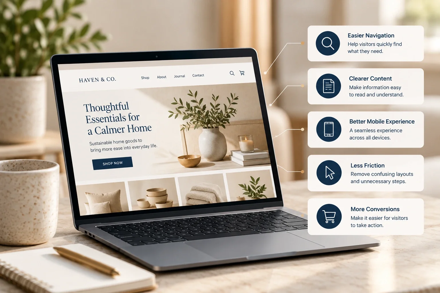 Laptop on a table displaying a website with the title 'Thoughtful Essentials for a Calmer Home' and images of home goods, accompanied by infographic points highlighting website features like easier navigation, clearer content, better mobile experience, less friction, and more conversions.