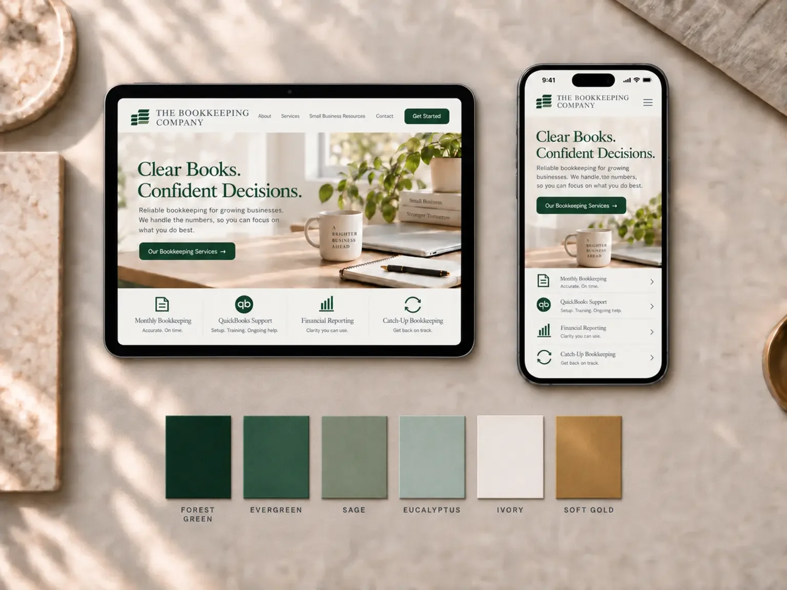 A tablet and a smartphone displaying the homepage of The Bookkeeping Company's website, with a color palette below featuring shades of green, beige, and gold.