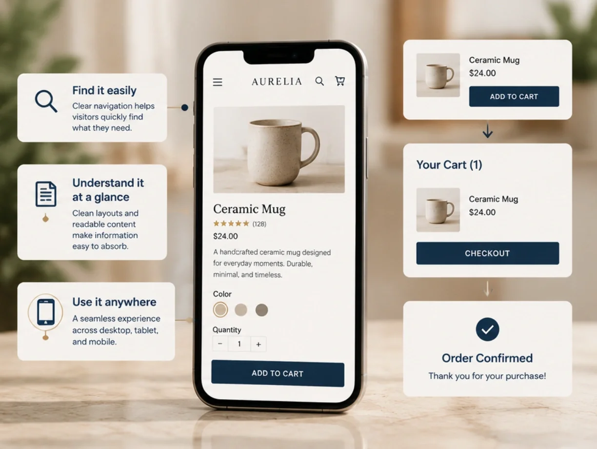 A smartphone displaying an online store for ceramic mugs, with tips on easy navigation, clear layout, and seamless experience. The product details show a beige ceramic mug priced at $24, with options to select color and quantity, and an add to cart button. The checkout process confirms the order with a thank you message.
