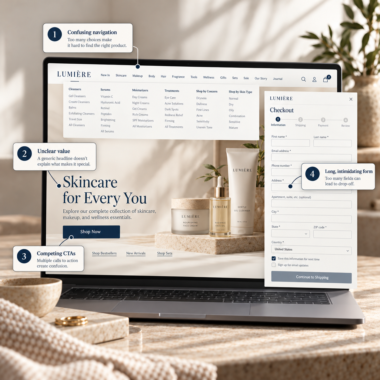 A computer screen displays a skincare e-commerce website called Lumière, showing navigation menus, product categories, and a call to action. Overlayed text explains confusion in navigation, unclear value, competing CTAs, and long forms in online shopping.