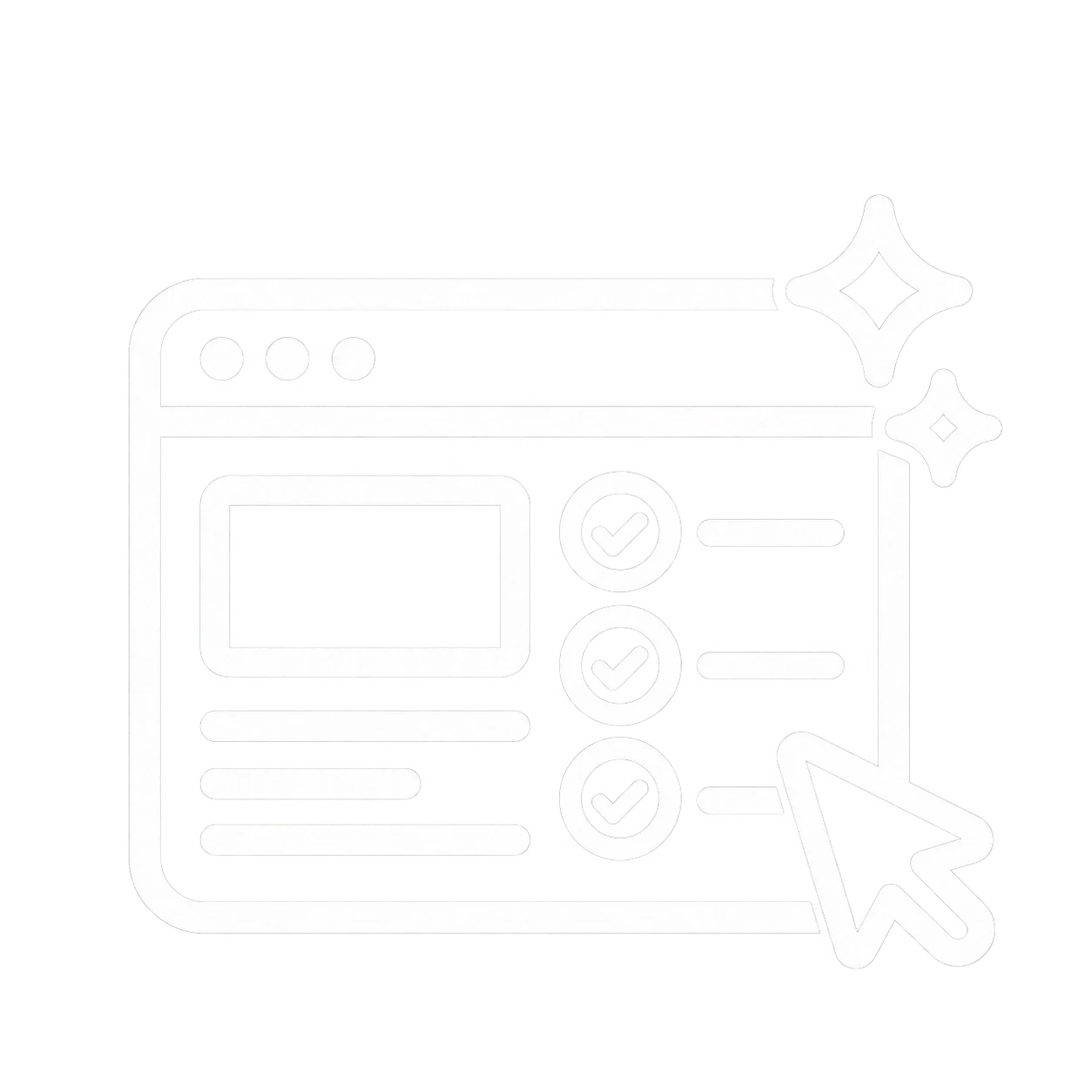 Outline of a web browser window with checkmark icons, a text input, a photo placeholder, and a cursor arrow, representing online form completion or task management.