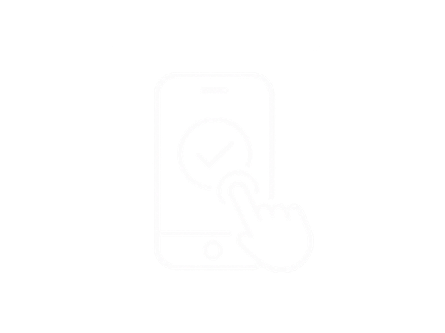 A smartphone displaying a check mark inside a circle and a hand with a finger pointing or tapping on the screen.