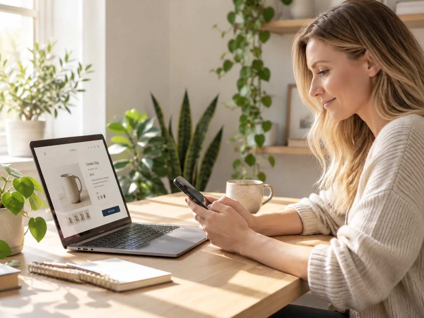 A woman sitting at a wooden table in a well-lit room, shopping online for a ceramic mug on her laptop, with her phone in her hand.