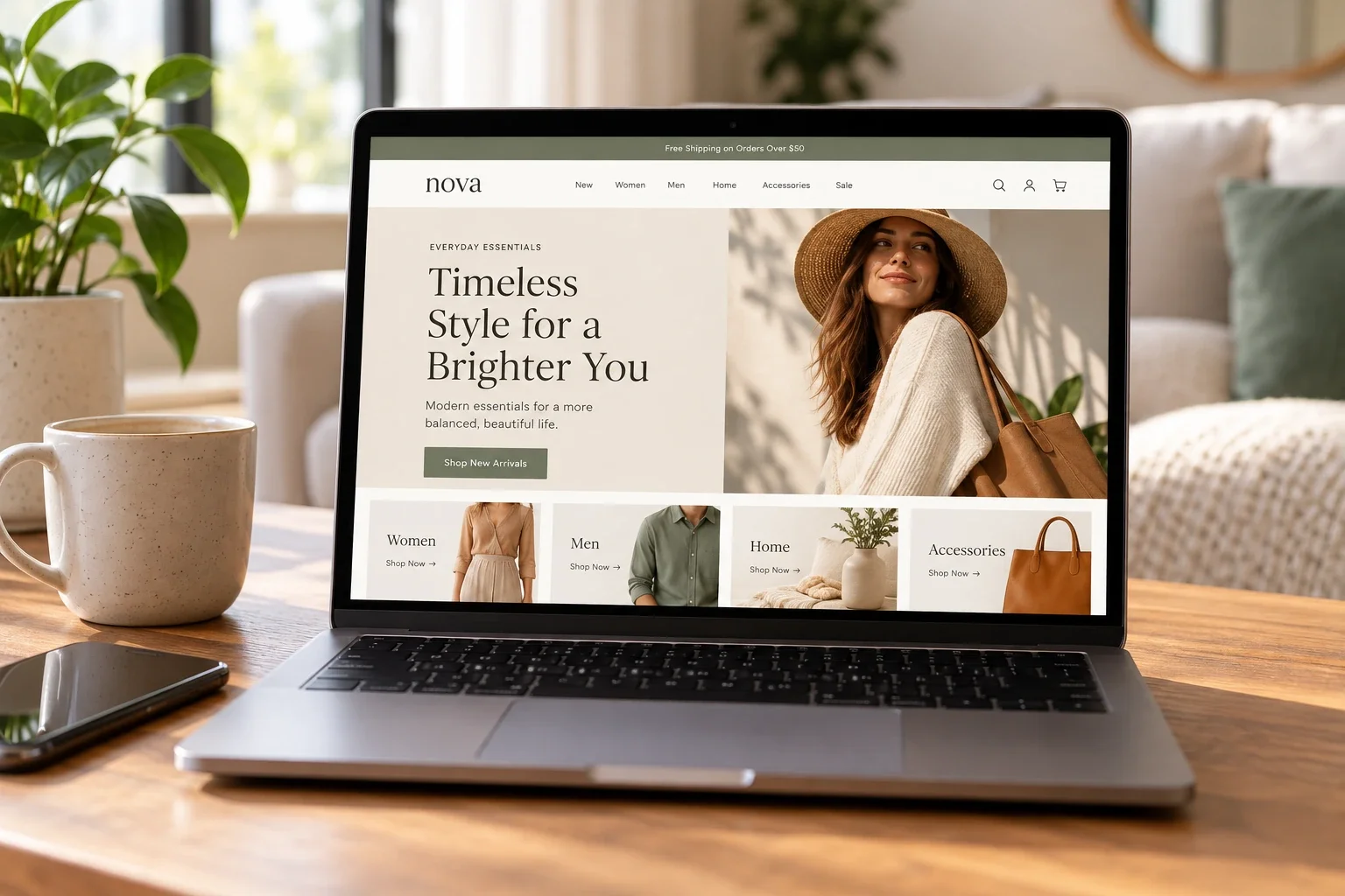 Laptop displaying an online shopping website with a woman wearing a sunhat, beige sweater, and carrying a brown bag, sitting in a bright room with houseplants and a coffee mug on a wooden table.