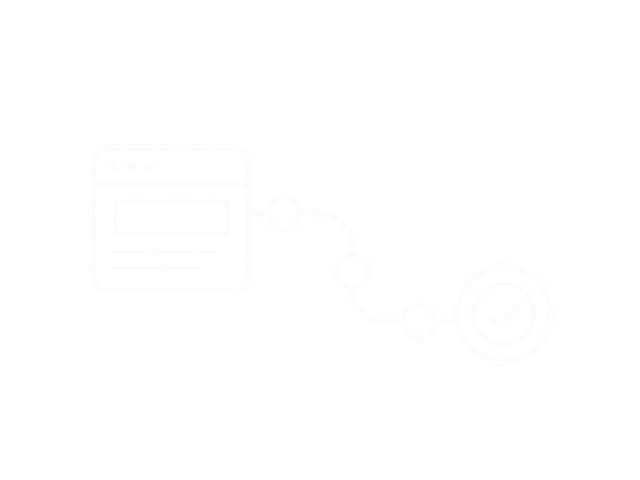 A digital illustration showing a web page or social media profile on the left connected by a sequence of circles and lines to a magnifying glass with a checkmark on the right, symbolizing search or analysis.