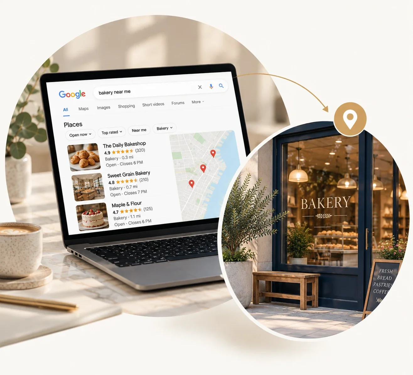 A computer screen showing a Google search for bakeries near me, with map and search results; next to a bakery storefront with a glass door reading 'Bakery' and outdoor decor.