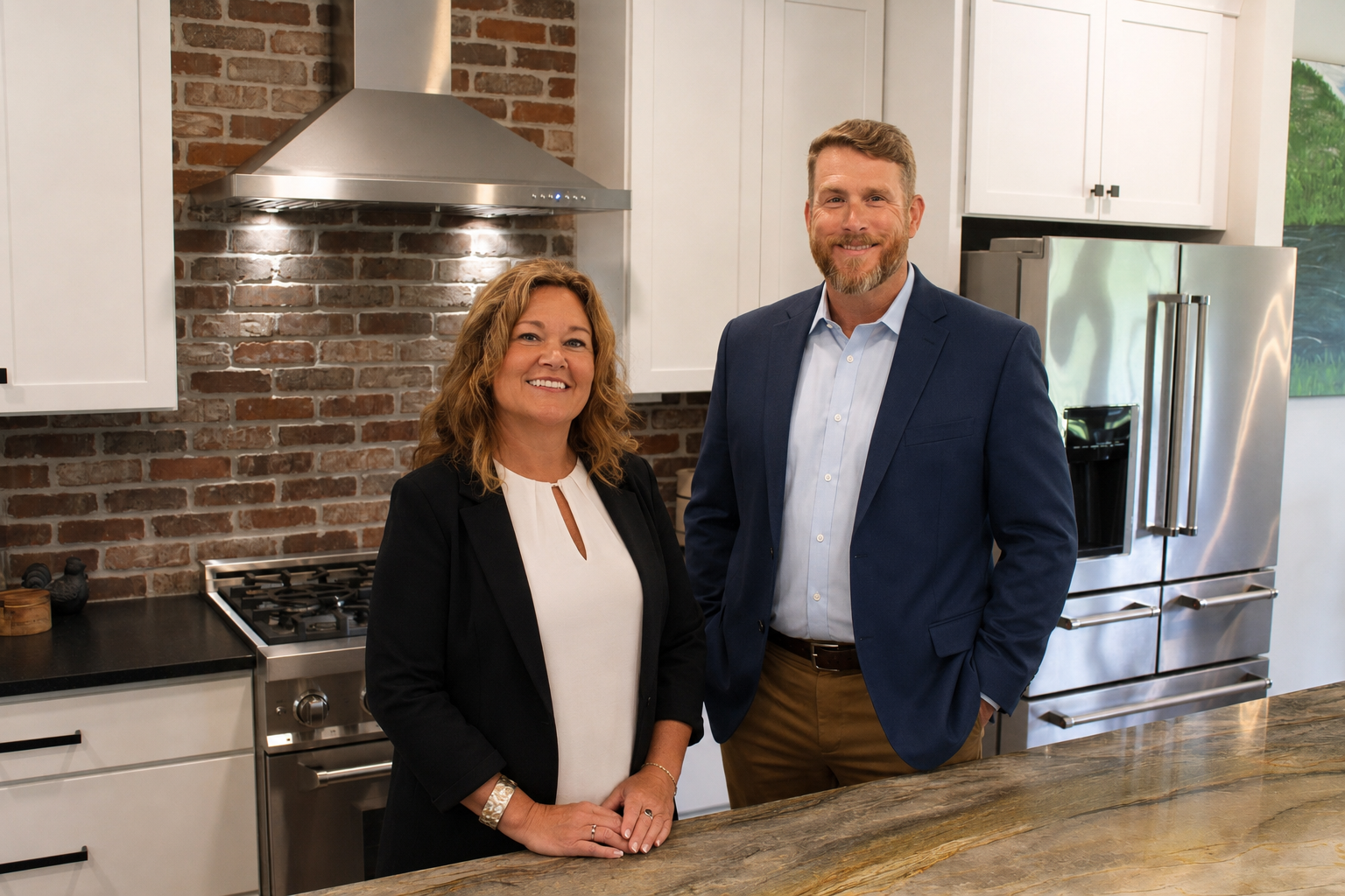 A man and woman standing in a modern kitchen, smiling at the camera.