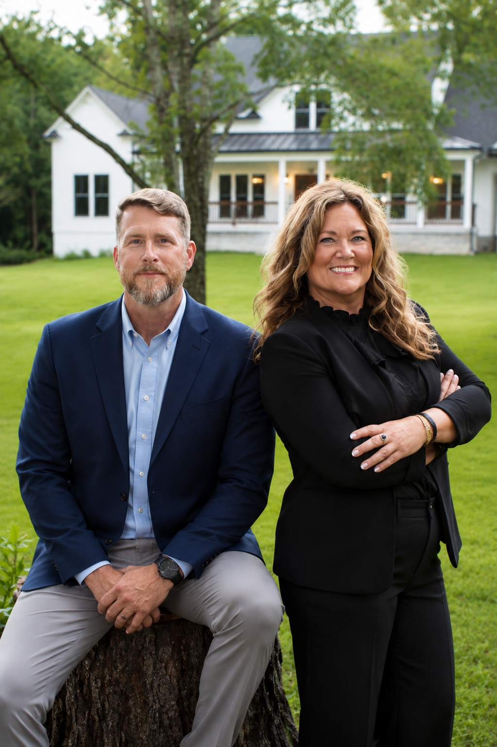 A man in a blue suit and a woman in a black suit pose outdoors in front of a white house with a lawn and trees.