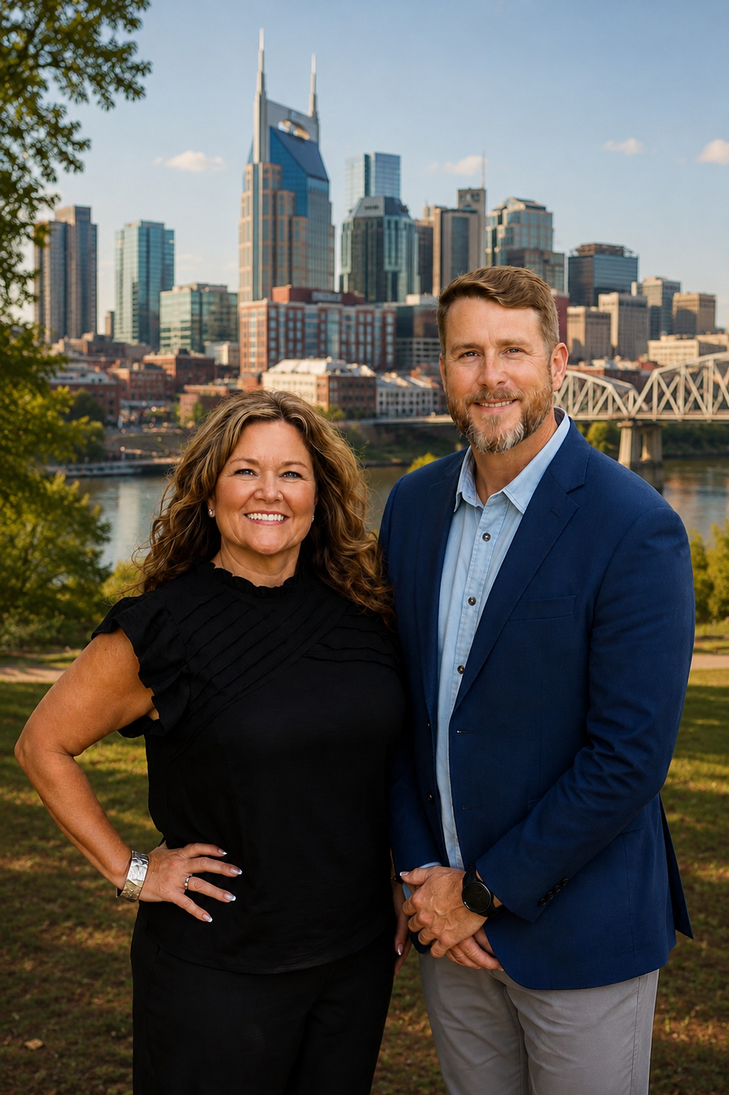 A smiling woman and man standing outdoors in front of a city skyline with tall buildings and a bridge over a river, with trees and grass around them.
