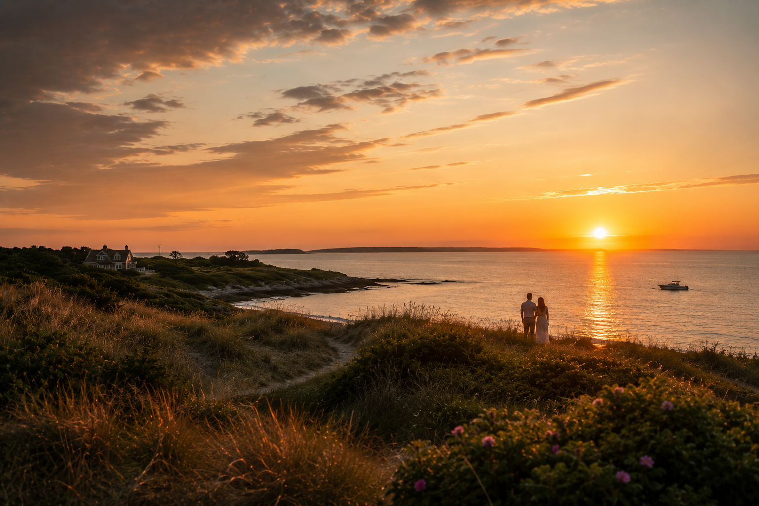 A couple holding hands walks along a grassy shoreline at sunset with a boat on the water and a house on a hill in the distance.