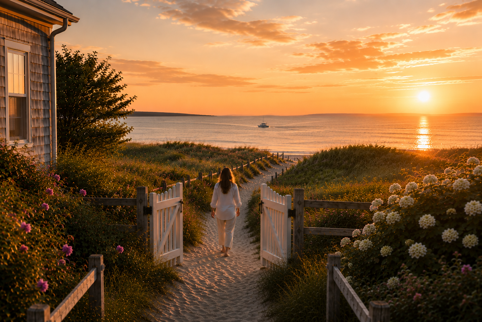 A woman in white walks through a sandy pathway towards the beach at sunset, surrounded by flowering bushes and a house on the left, with a boat sailing on the water in the distance.