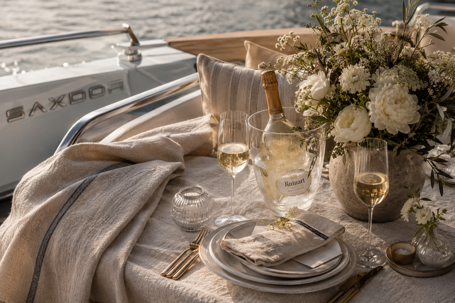 A luxurious outdoor dining setup on a boat with a table set with plates, gold utensils, linen napkins, champagne glasses with champagne, a bottle in an ice bucket, a large bouquet of white flowers, a candle holder, and a folded blanket, with water in the background.