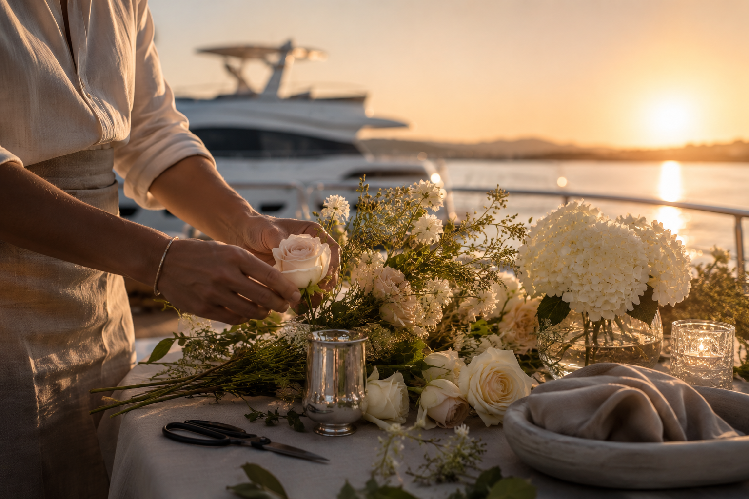 Person arranging white and cream flowers on a table by the water at sunset, with yachts in the background.