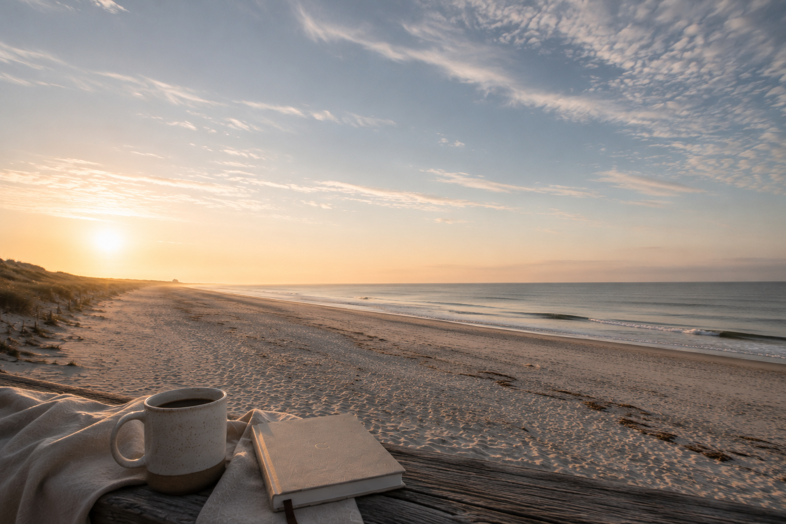 Sunrise over a quiet beach with a wooden table holding a mug of coffee, a closed book, and a blanket.