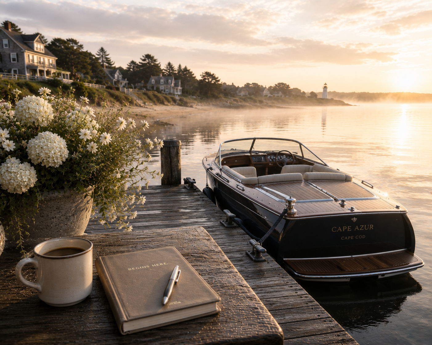 A peaceful lakeside scene at sunrise with a dock, a boat named Cape Azur, a cup of coffee, a notebook with a pen, and white flowers on a wooden table. Houses and a lighthouse are visible on the hill in the background.